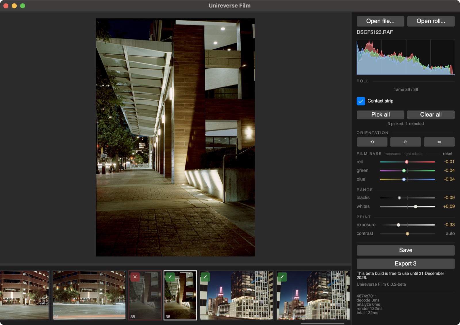 The same frame with film base, blacks, whites and exposure adjusted by hand.